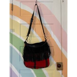 Denim & Supply Ralph Lauren Fringe Crossbody Bag Buffalo Plaid Wool & Leather